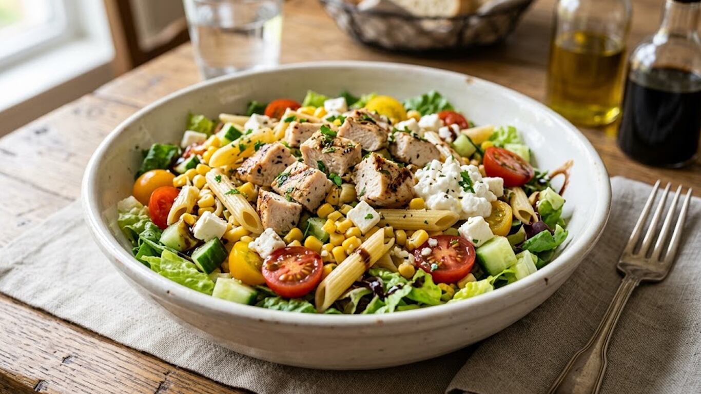 Con una base de lechuga y tomates cherry, esta ensalada de pasta con pollo es fácil de preparar con ingredientes simples. (Imagen ilustrativa generada con IA)