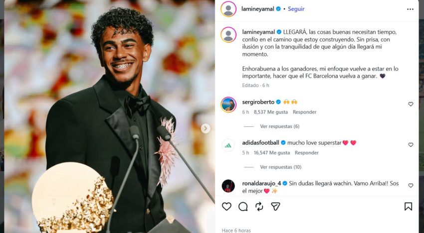 El primer mensaje de Lamine Yamal tras la gala del Balón de Oro: “Algún día llegará mi momento”