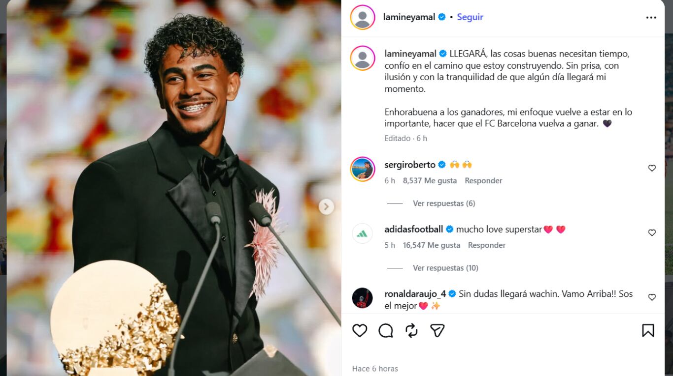 El mensaje de Lamine Yamal tras la gala del Balón de Oro. (Captura: @lamineyamal en Instagram)