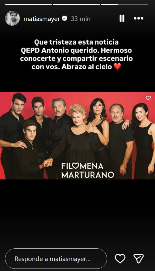 El posteo Matías Mayer por la muerte de Antonio Grimau (Captura: Instagram @matiasmayer)
