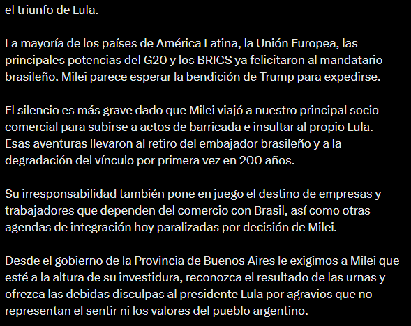 Kicillof apuntó contra Milei por no pronunciarse tras la victoria de Lula
