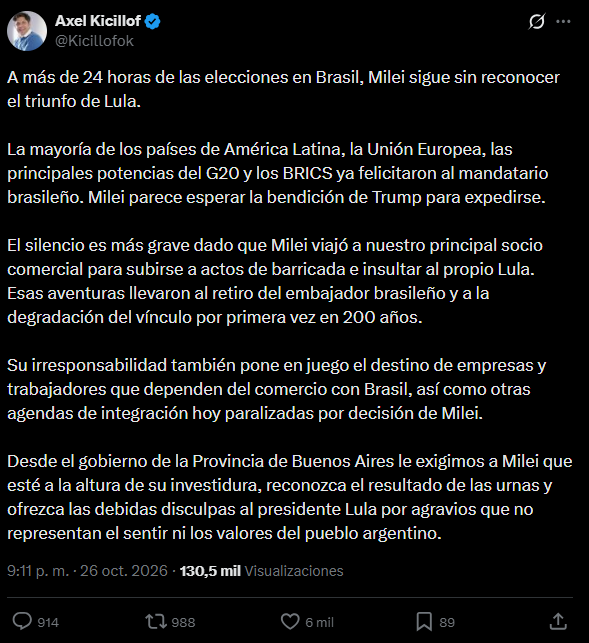 El posteo del gobernador bonaerense