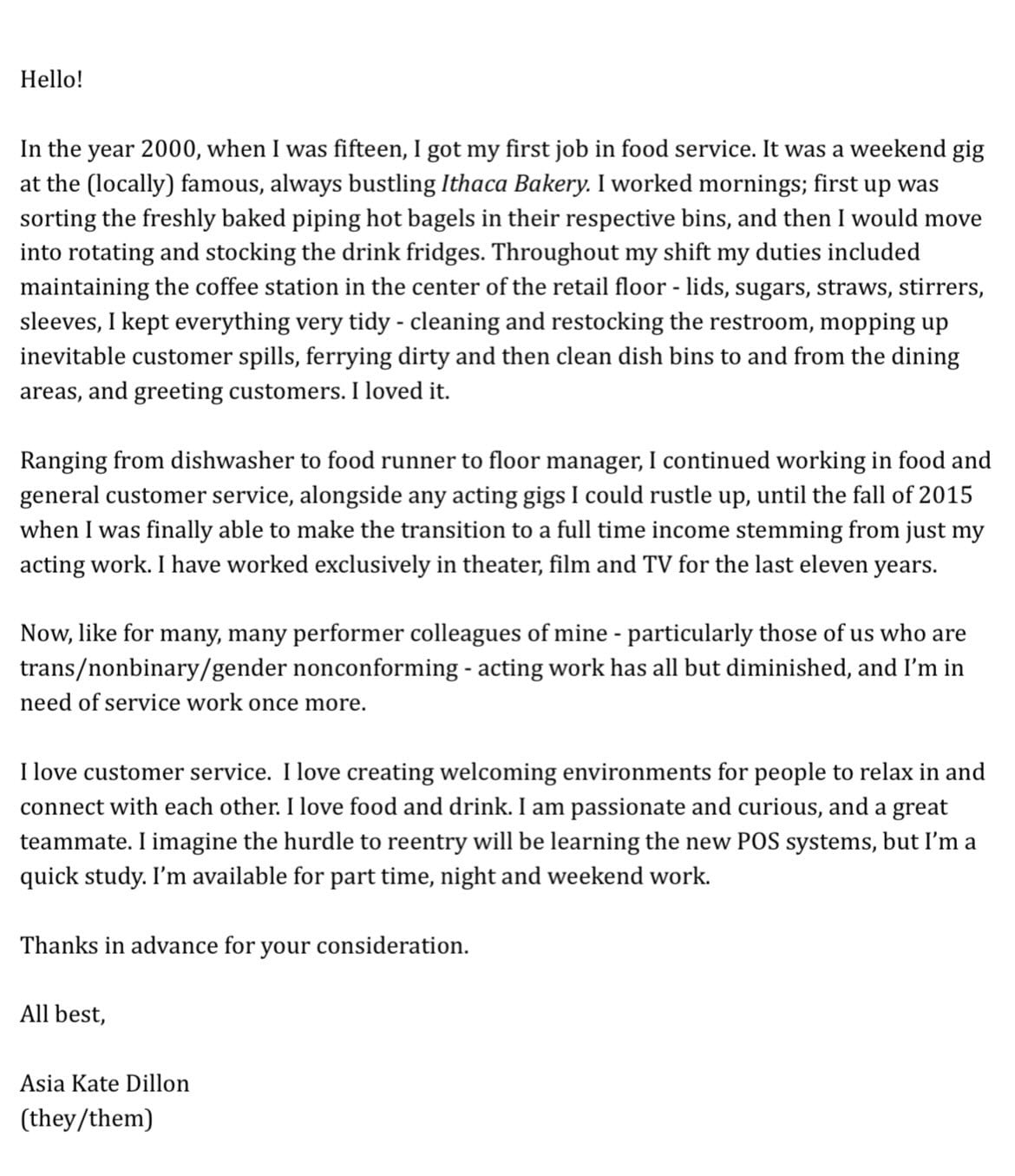 Dillon recurrió a las redes sociales para dar a conocer su búsqueda de empleo (Foto: Instagram @asiakatedillon)