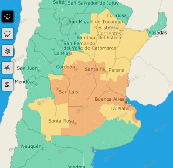 Zonas bajo alerta naranja y amarilla por tormentas. (Foto: SMN)