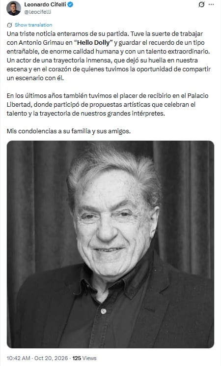 Leonardo Cifelli despidió al actor (Captura: X)