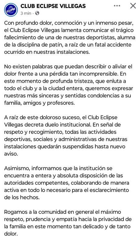 El club confirmó la muerte de la patinadora en un comunicado. (Foto: Facebook/ gentileza Deporte Lauquen).