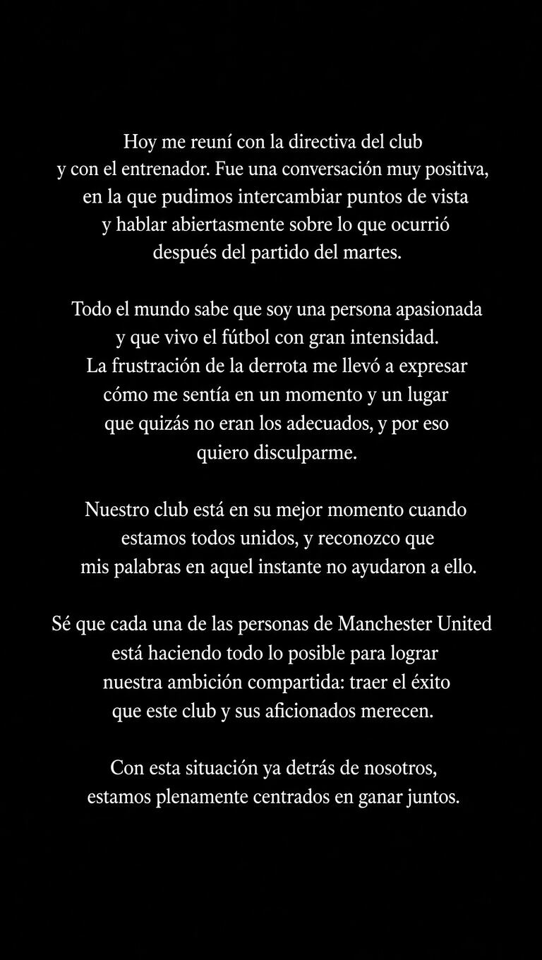 El comunicado que compartió Lisandro Martínez en sus historias de Instagram. (Foto Instagram: @lisandromartinez)