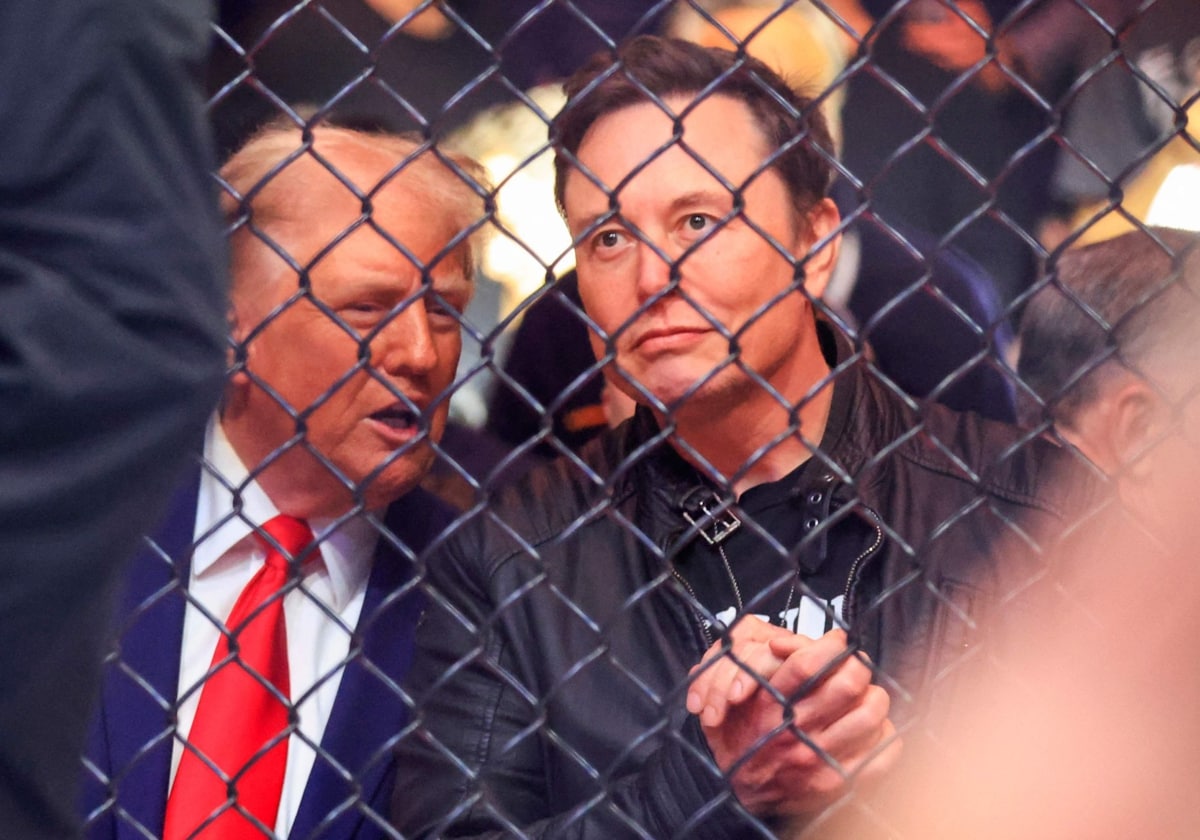 l presidente electo de Estados Unidos, Donald Trump (izq.) y el director ejecutivo de Tesla y SpaceX, Elon Musk, observan una pelea durante la UFC 309