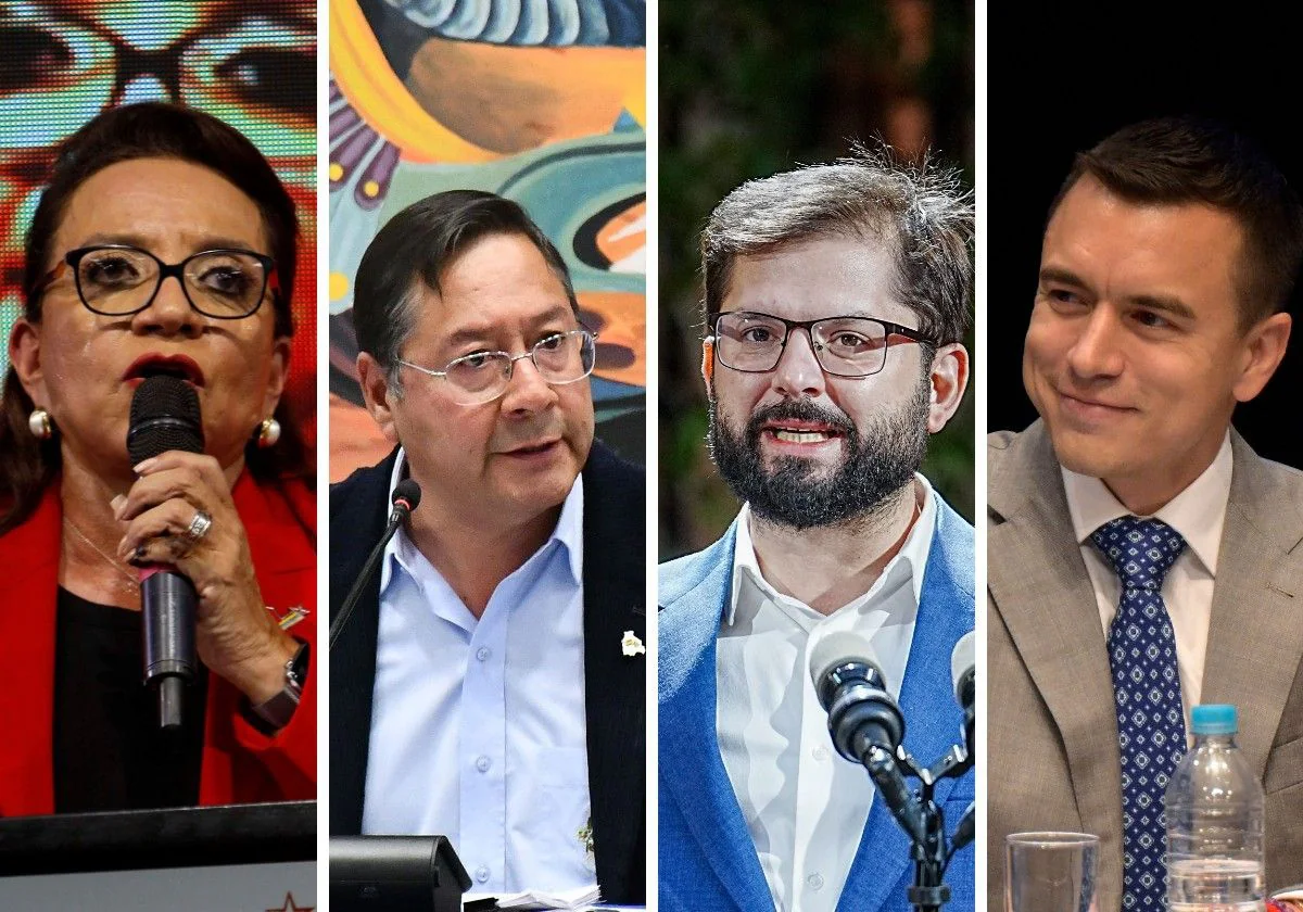 Los presidentes de Honduras, Bolivia, Chile y Ecuador: Castro, Arce, Boric y Noboa, respectivamente