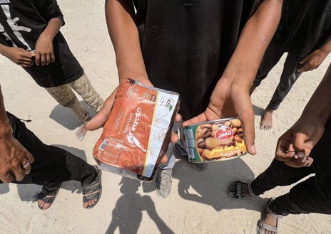 Imagen secundaria 1 - Palestinos muestran lo que lograron obtener de un paquete de ayuda humanitaria lanzado por un avión militar en Jabalia, en el norte de la Franja
