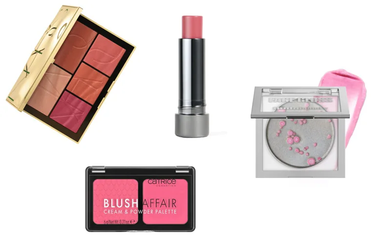 Paleta ojos y mejillas Pure Luxury Light Reflecting de Nars (65 euros); No Make Up Blush Balm, de Perricone MD (a la venta en Perriconemd.es por 41 euros); Blush Affair Cream & Powder Palette de Catrice (5,99 euros); Iluminador Icy Nude Face Gloss de Huda Beauty (33 euros).