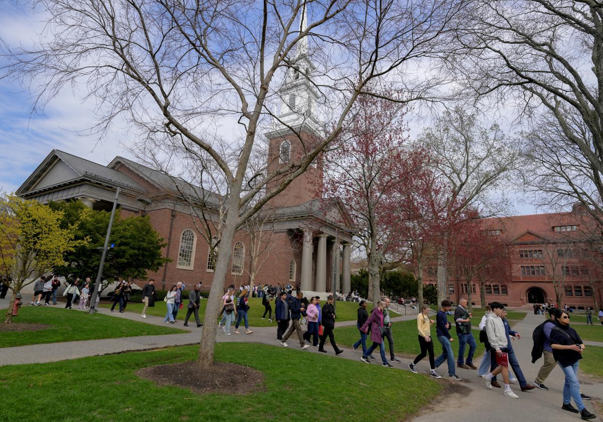 Jóvenes alumnos pasean en el campus de la Universidad de Harvard, Massachussets
