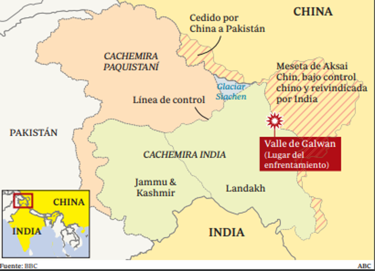 Actual división de Cachemira entre Pakistán, la India y China, con el lugar del último enfrentamiento en 2020.