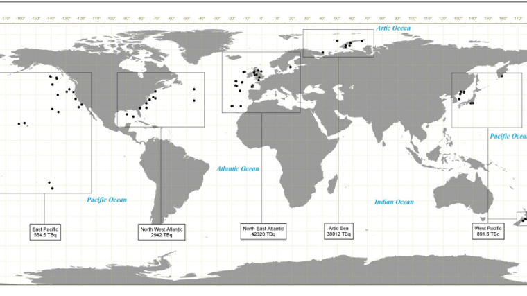 Inventario de vertidos al mar en todo el mundo, incluidas las cantidades totales en terabequerelios (unidad de medida de radioactividad) por región y los países que realizaron operaciones de vertido en un antiguo informe