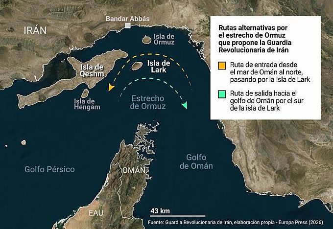 Las rutas alternativas que Irán propone en el estrecho de Ormuz para evitar las zonas minadas