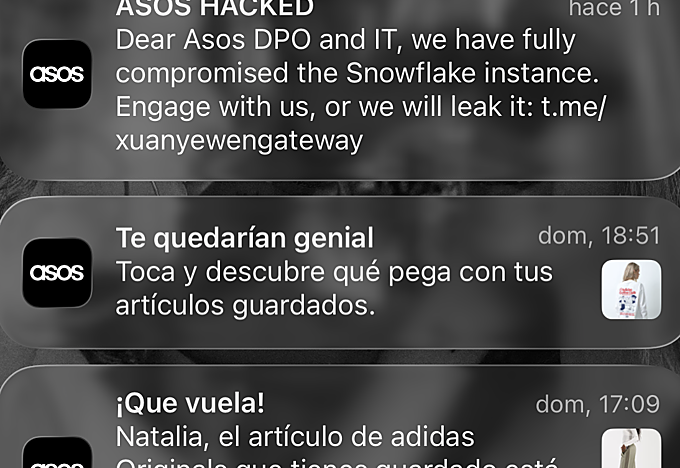 Asos sufre un hackeo y amenazan con filtraciones en una notificación a sus clientes