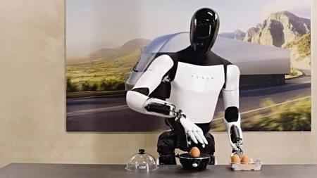 Uno de los robots Optimus de Tesla desempeñando tareas delicadas como sostener huevos