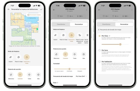 Personalización de limpieza por habitaciones (izquierda), selección de limpieza general (centro) y personalización de la frecuencia de lavado para la mopa (derecha)