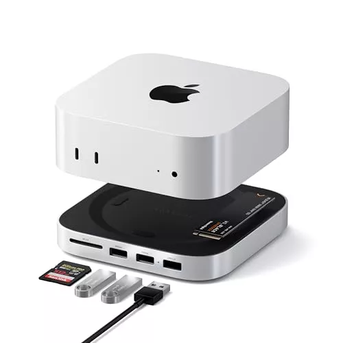SATECHI Mac Mini M4 Hub USB-C y Soporte con Carcasa SSD NVMe, Docking Station con 2 Puertos USB-A 3.2 a 10 Gbps Más Otro USB-A a 480 Mbps, Lector de Tarjetas SD, para Mac Mini M4 y M4 Pro - Plateado