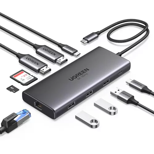 UGREEN Revodok Pro 210 Docking Station USB C 10 En 1 Doble HDMI 8K30Hz 4K60Hz Hub Adaptador Tipo C a Ethernet RJ45 Gigabit PD 100W Lector Tarjeta SD TF Compatible con MacBook Pro Air M2 M1