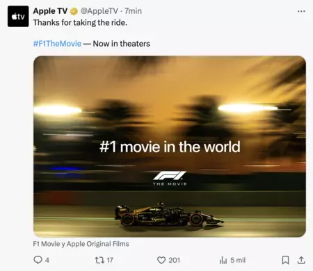 Apple ha comunicado en X que F1 es la película número uno en el mundo
