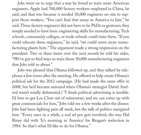 Fragmento de la biografía de Steve Jobs hablando sobre la producción en China