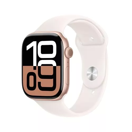 Apple Watch Series 10 GPS Smartwatch con Caja de Aluminio Oro Rosa de 46 mm y Correa Deportiva Rosa Rubor - Talla S/M. Monitor de entreno, App ECG, Pantalla Retina Siempre Activa
