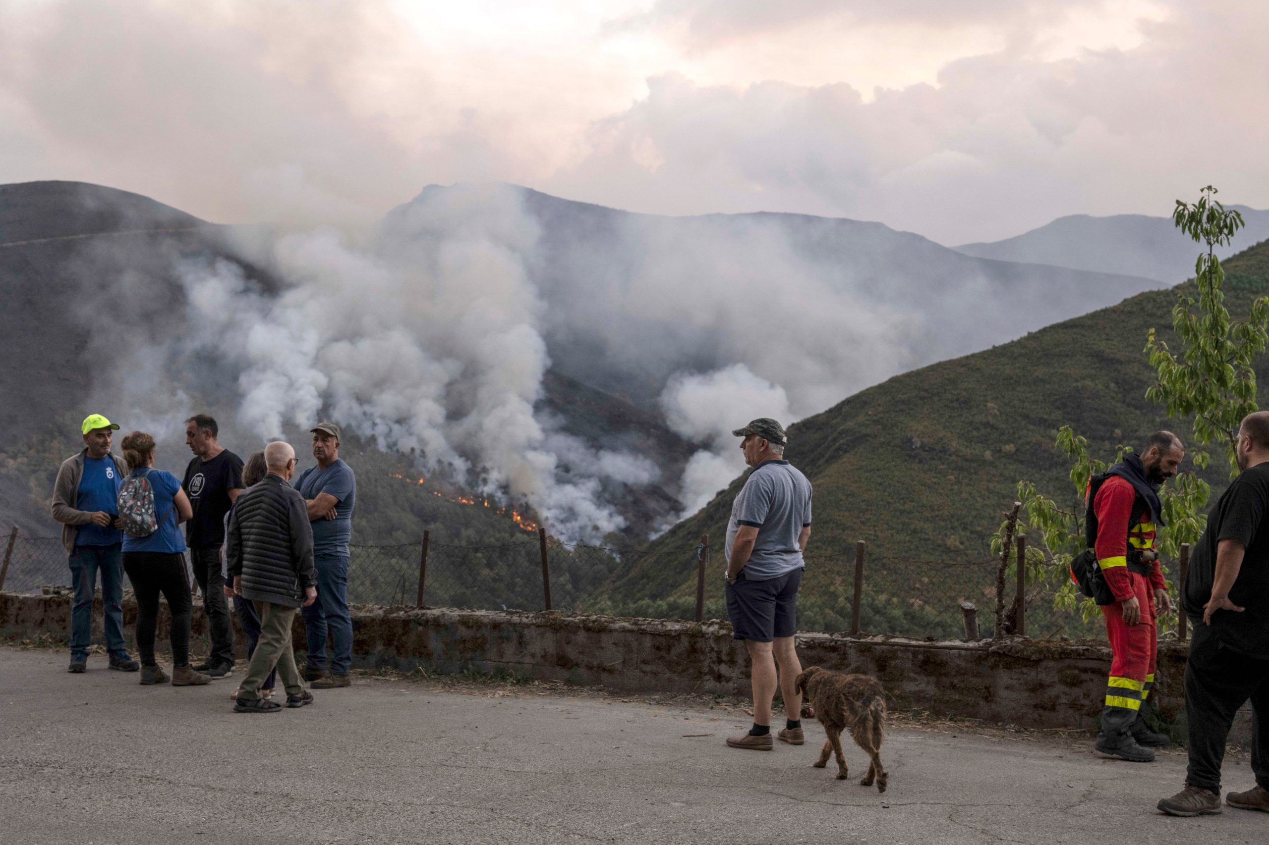 Varios vecinos y bomberos observan el fuego en la localidad de Villarrubín (León).