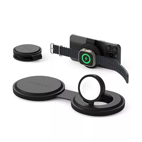 SATECHI OntheGo™ Cargador Inalámbrico 2 en 1 Plegable, Estación de Carga Rápida Qi2 a 15W para iPhone y 5W para Apple Watch, Cargador de Inducción Ideal para Viajes – Negro