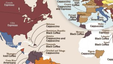 Este mapa expone el café más popular de cada país. El capuchino es el indiscutible ganador a nivel mundial