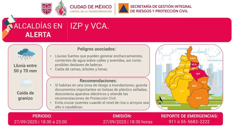 Activan alerta roja en Iztapalapa y Venustiano Carranza por lluvia fuerte y granizo