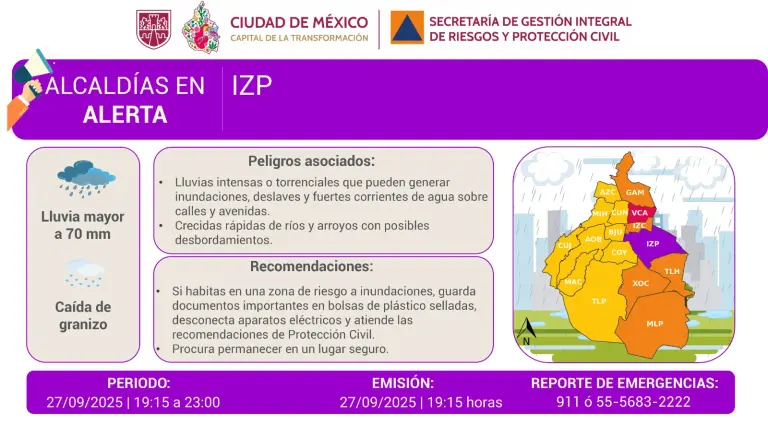Activan alerta púrpura en Iztapalapa por lluvias; Metro Línea A y el AICM reportan afectaciones