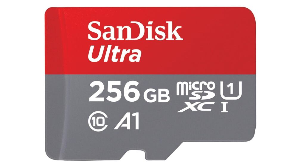 Tarjeta microSD Sandisk Ultra de 256 GB con adaptador incluido.