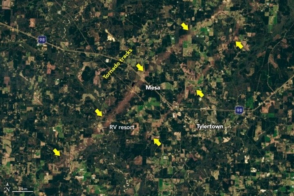 La Tierra tiene cicatrices: la NASA capta desde el espacio el insólito rastro de los tornados "gemelos" en Misisipi 