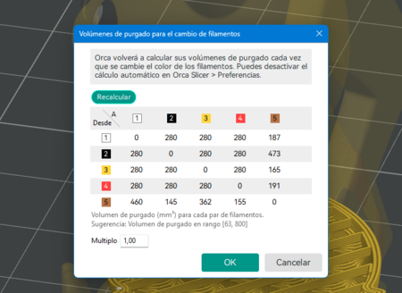 Volúmenes de purgado para el cambio de filamentos | Imagen: Xataka
