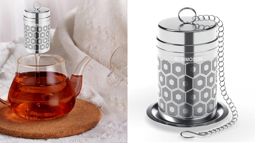 Infusor de té con acabados en acero inoxidable.