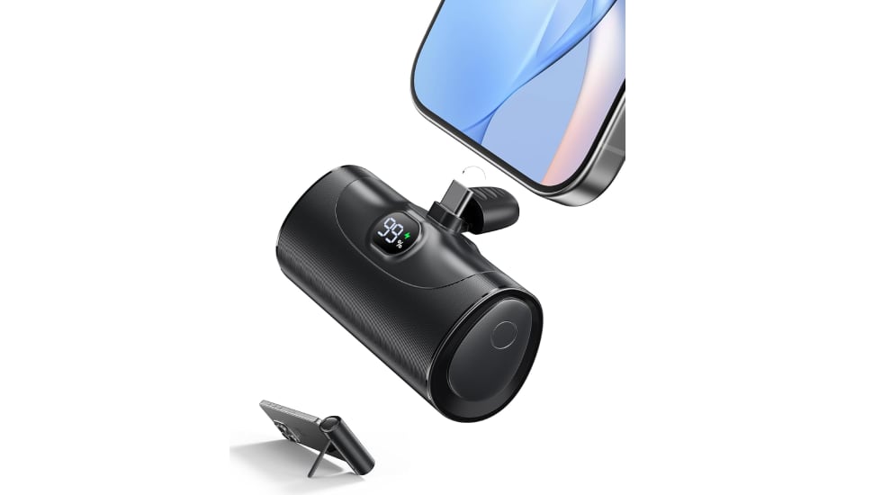 Mini batería externa con soporte integrado.