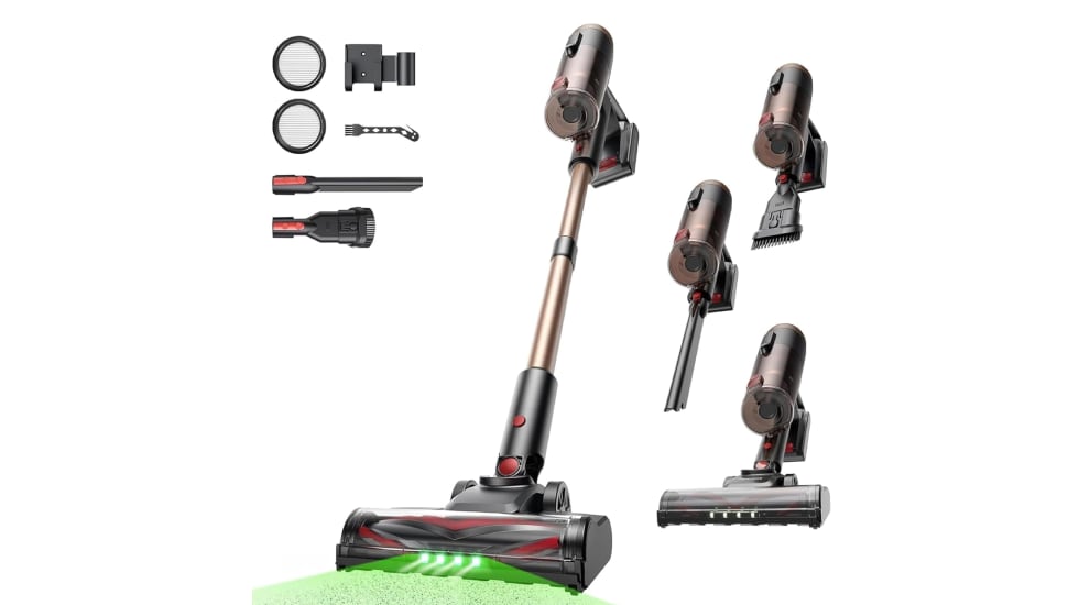 Aspiradora escoba inalámbrica con luz verde en el cabezal.