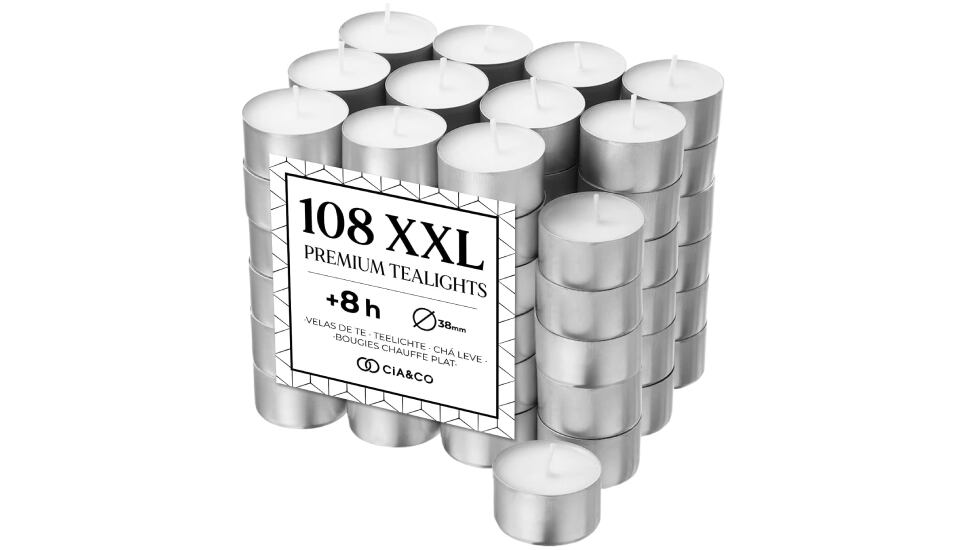 Velas de larga duración XXL sin aroma (108 unidades).