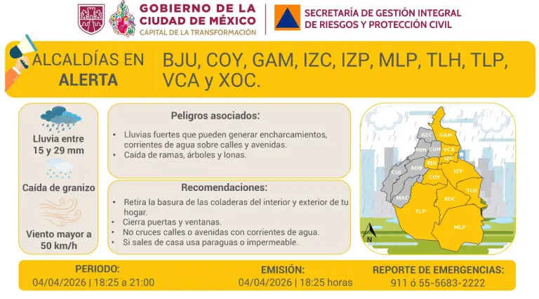 Activan Alerta Amarilla por lluvias fuertes, granizo y rachas de viento en CDMX