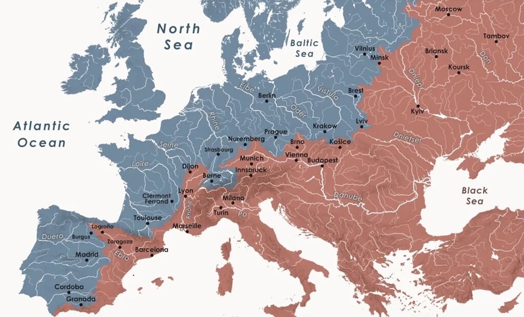 La gran divisoria europea: el mapa que parte en dos el continente a través de sus dos grandes cuencas hidrográficas 