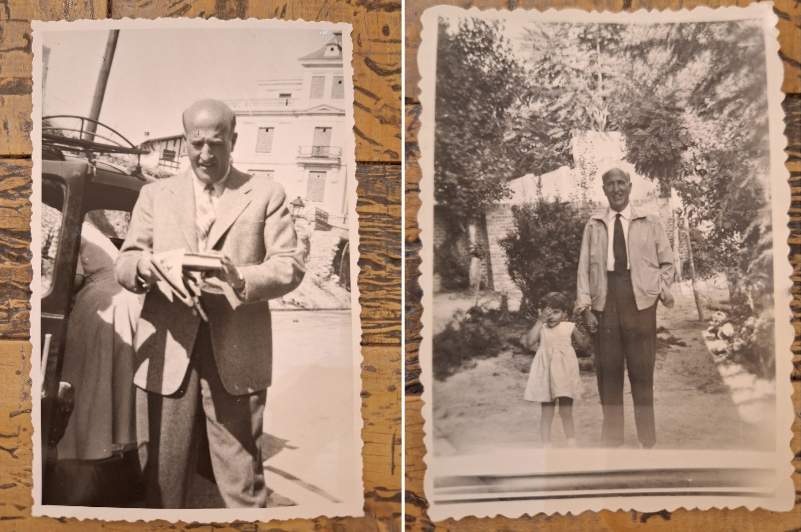 Dos de las fotografías de Vicente Aleixandre halladas en una maleta. A la izquierda, el poeta leyendo, a mediados de los años cuarenta; en la otra imagen, acompañado de la hija de un poeta en su casa, Velintonia, en julio de 1952.