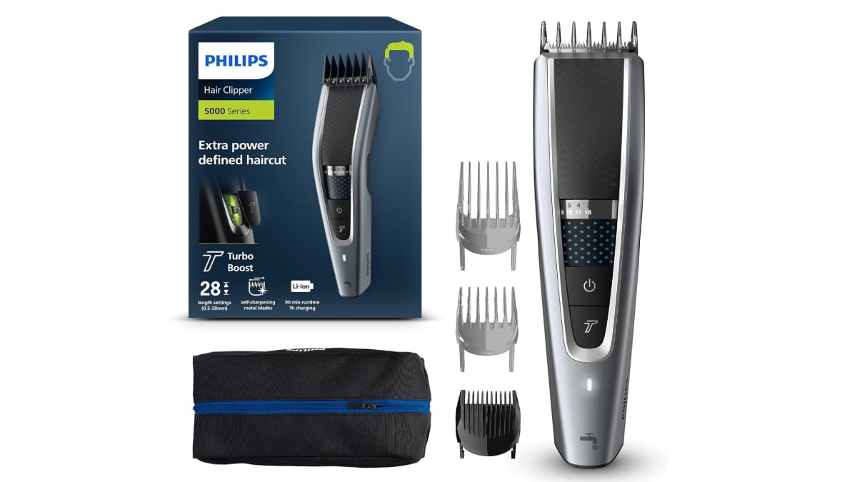 Cortapelos Philips Serie 5000 con funda y tres peines guía.
