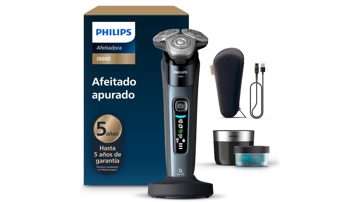 Afeitadora eléctrica Philips con tecnología SkinIQ y centro de limpieza incluido.