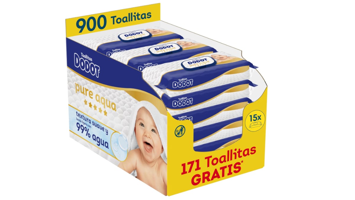 Lote de 900 toallitas con loción de agua y textura suave, de Dodot Pure.