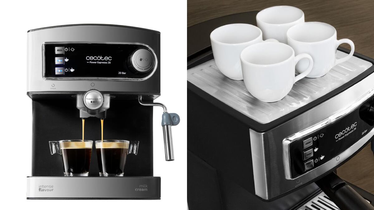Esta cafetera expreso incluye una bandeja superior en la que calentar tazas.