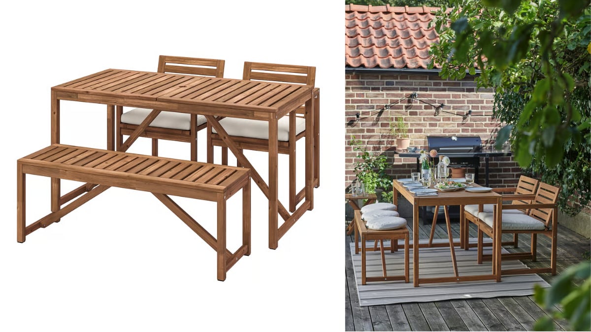 Conjunto de mesa con dos sillas y banco NÄMMARÖ.
