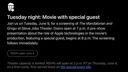 Invitación para ver The Mandalorian en el Steve Jobs Theatre