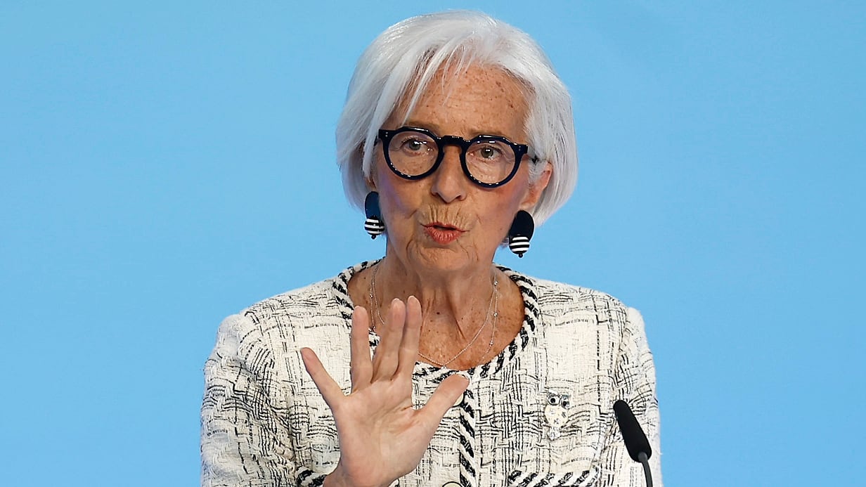 La presidenta de la Banco Central Europeo (BCE), Christine Lagarde, durante la rueda de prensa celebrada en abril tras el Consejo de Gobierno, en Fráncfort.