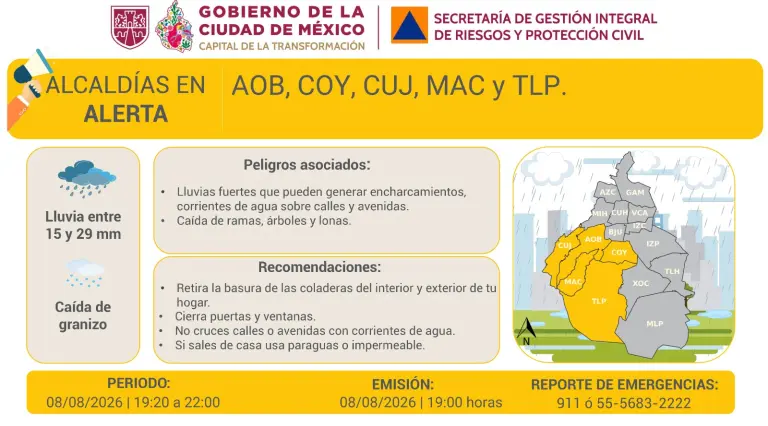 CDMX activa Alerta Amarilla por lluvias y granizo esta noche; estas son las alcaldías afectadas